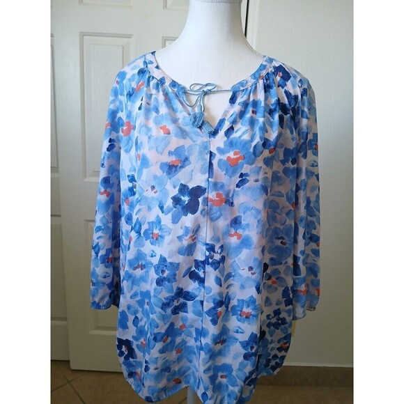 Liz Claiborne Womens Blouse Blue Floral Print Tassel Size Large‎ Spring Bohemian - Picture 1 of 14